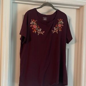 Lane Bryant Floral Embroidered Maroon Tee